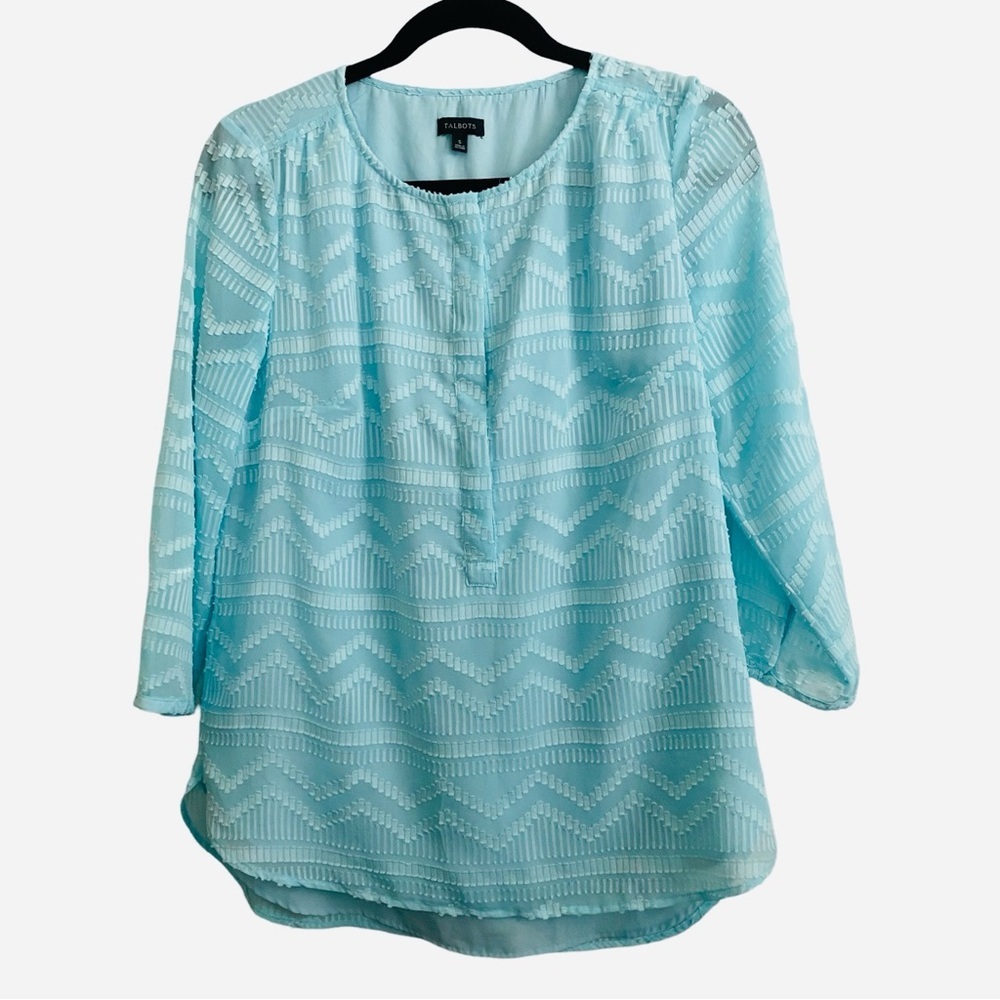 Talbots Textured Blouse Small Teal Blue 3/4 Sleeves Lined